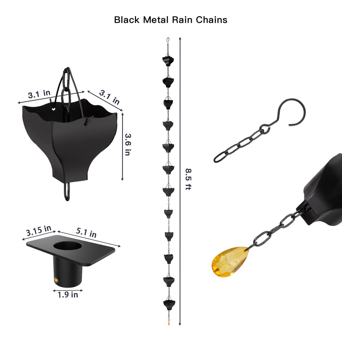 Rifachua rain chain is adjustable in length by adding or removing cups for fit