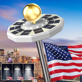 RigidBeam flagpole light in night display enhances flag visibility and curb appeal.