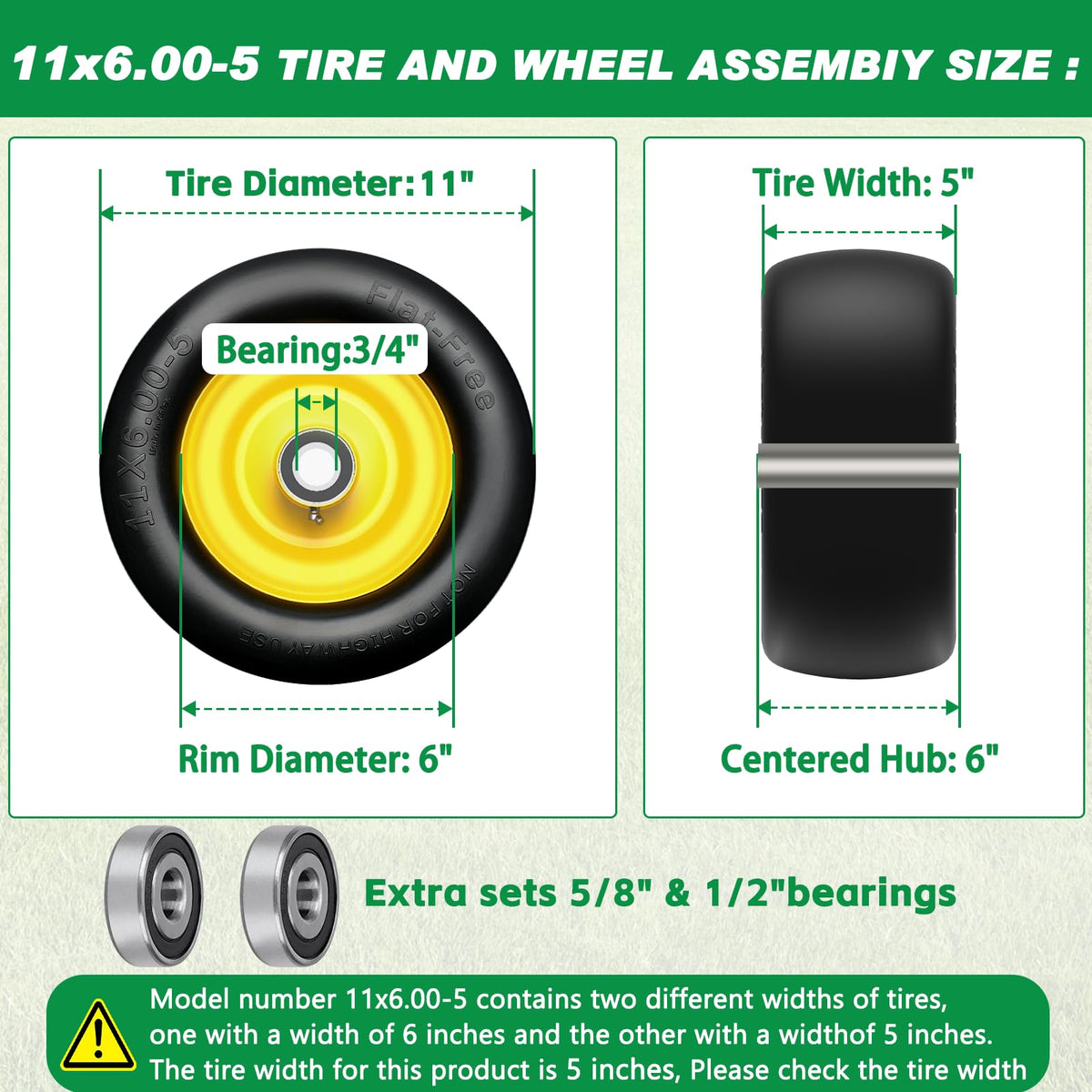 RIHYTAC flat-free tire side view showing smooth lawn contact.
