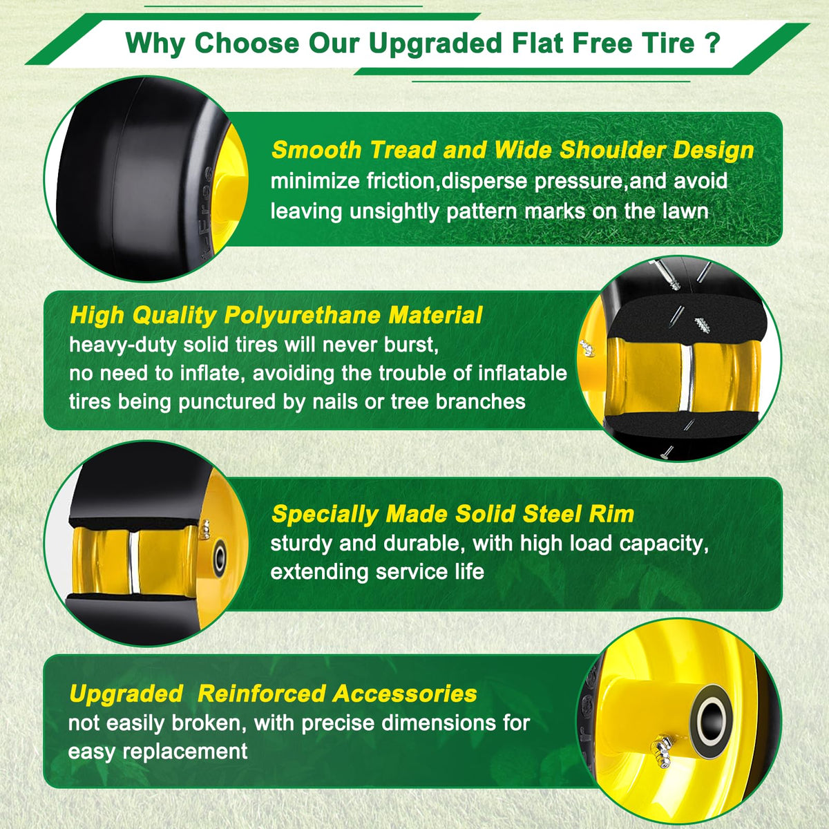 RIHYTAC lawn-friendly tread design reduces turf wear.