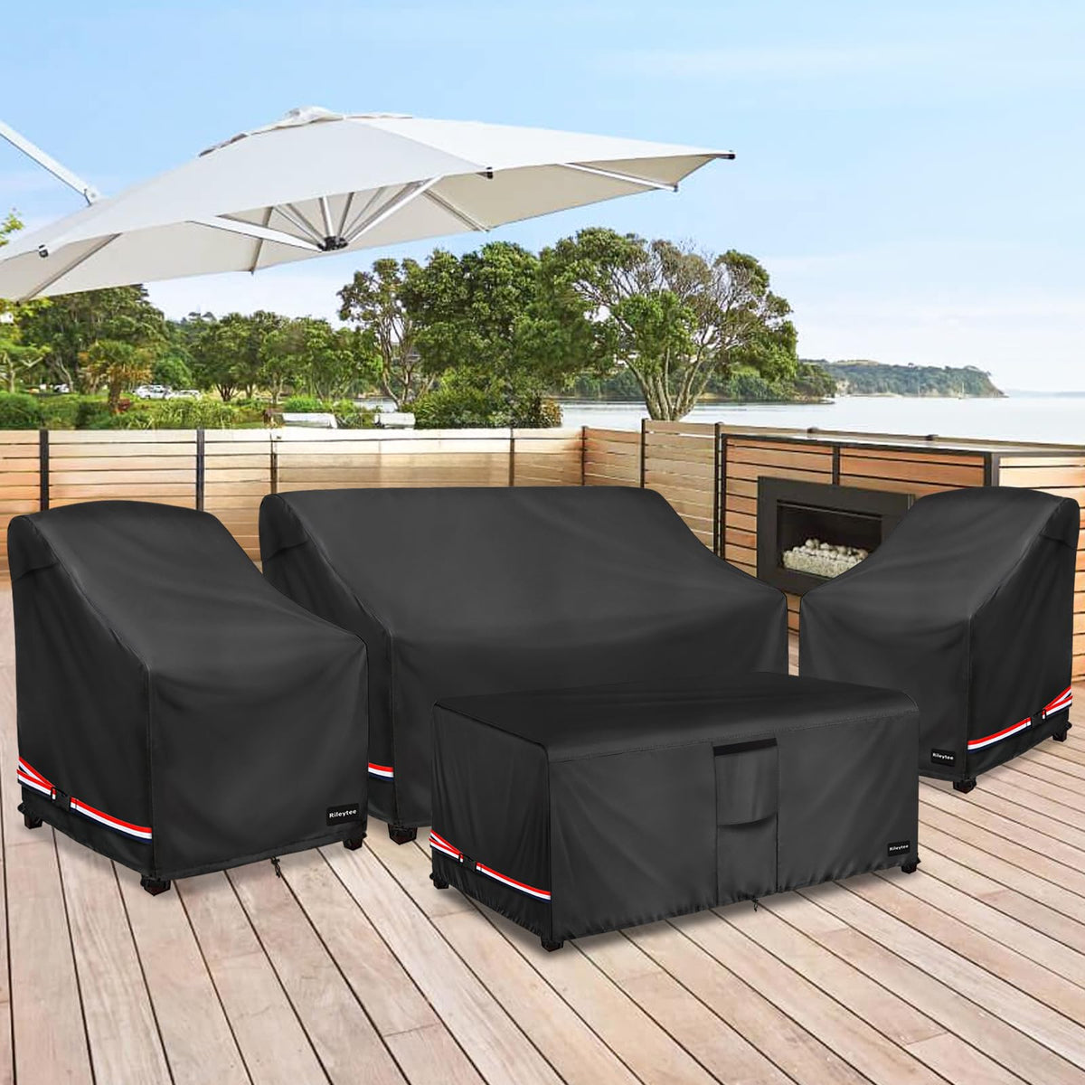 Rileytee all-weather protection for patio furniture against UV and wind.