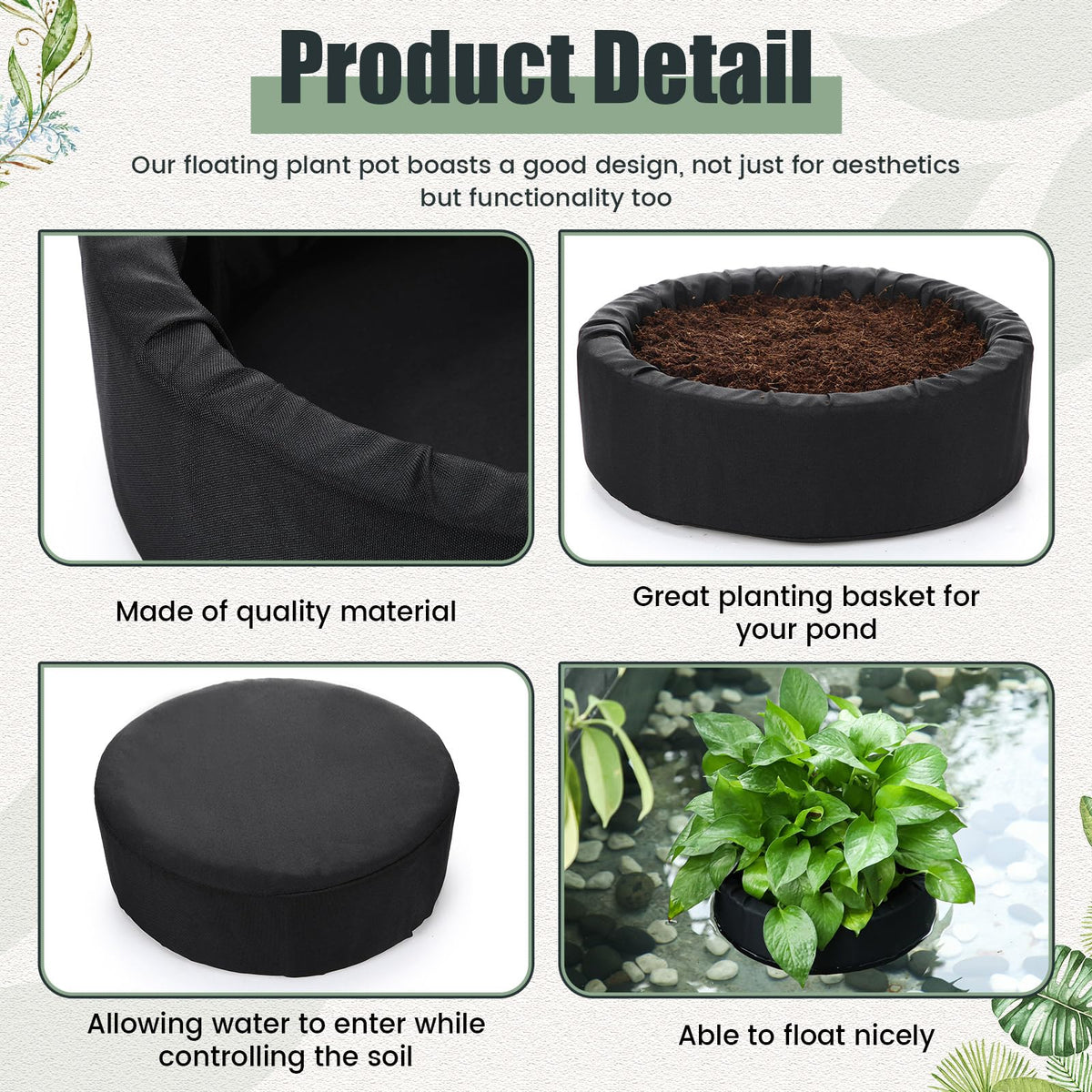 RimCereal fabric floating planter close-up shows durable non-woven and EVA materials