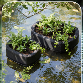 RimCereal floating pond planter as decorative water feature accent.