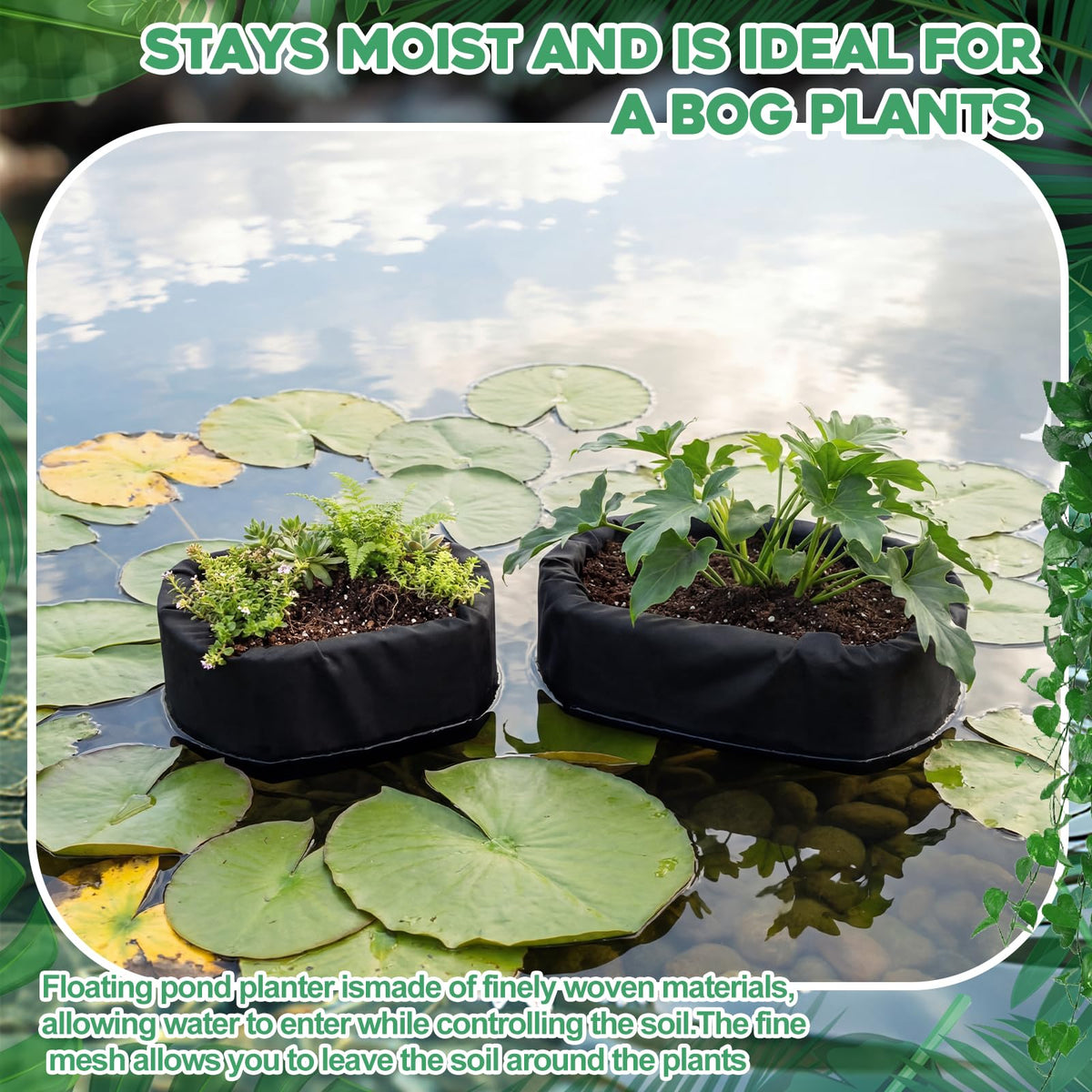 RimCereal floating pond planter in pond with fish shelter and shade.
