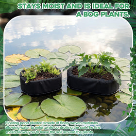 RimCereal floating pond planter in pond with fish shelter and shade.