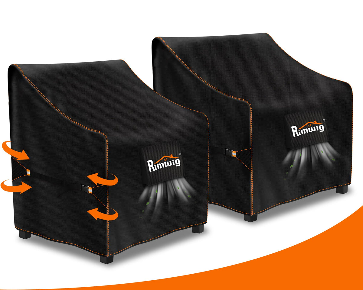 Rimwig 2-pack patio chair cover on a wicker chair protects against rain and sun.