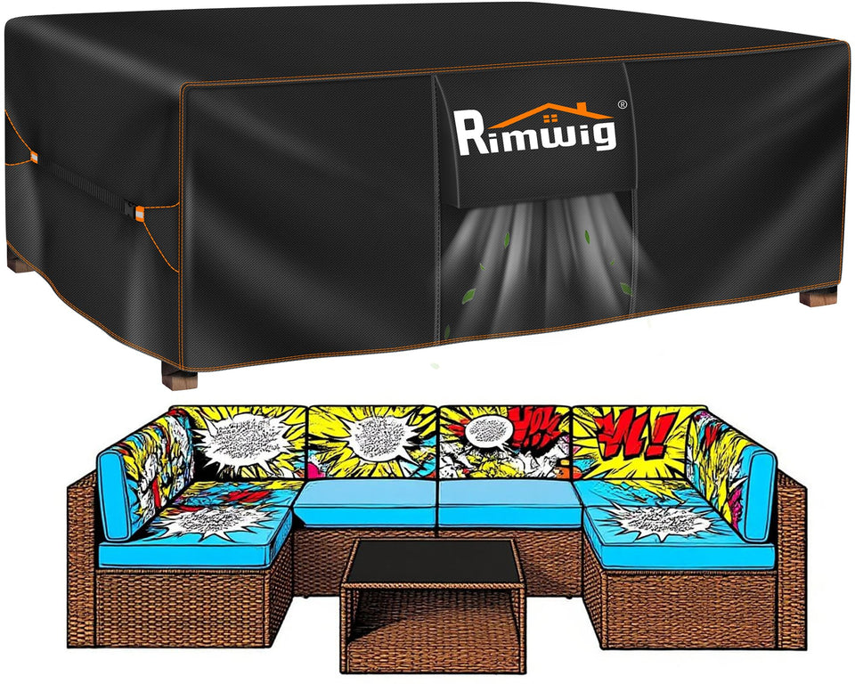 Rimwig patio cover featuring waterproof bottom coating protects outdoor furniture from rain