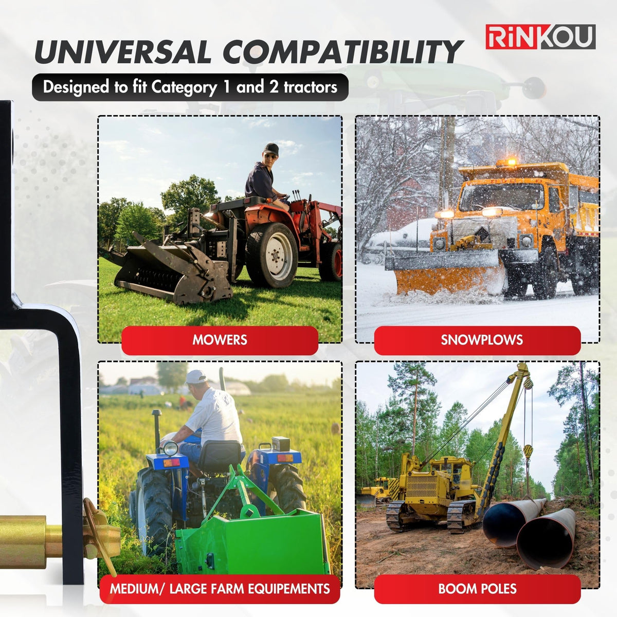 Rinkou compatible with mowers, planes, and spreaders for versatility