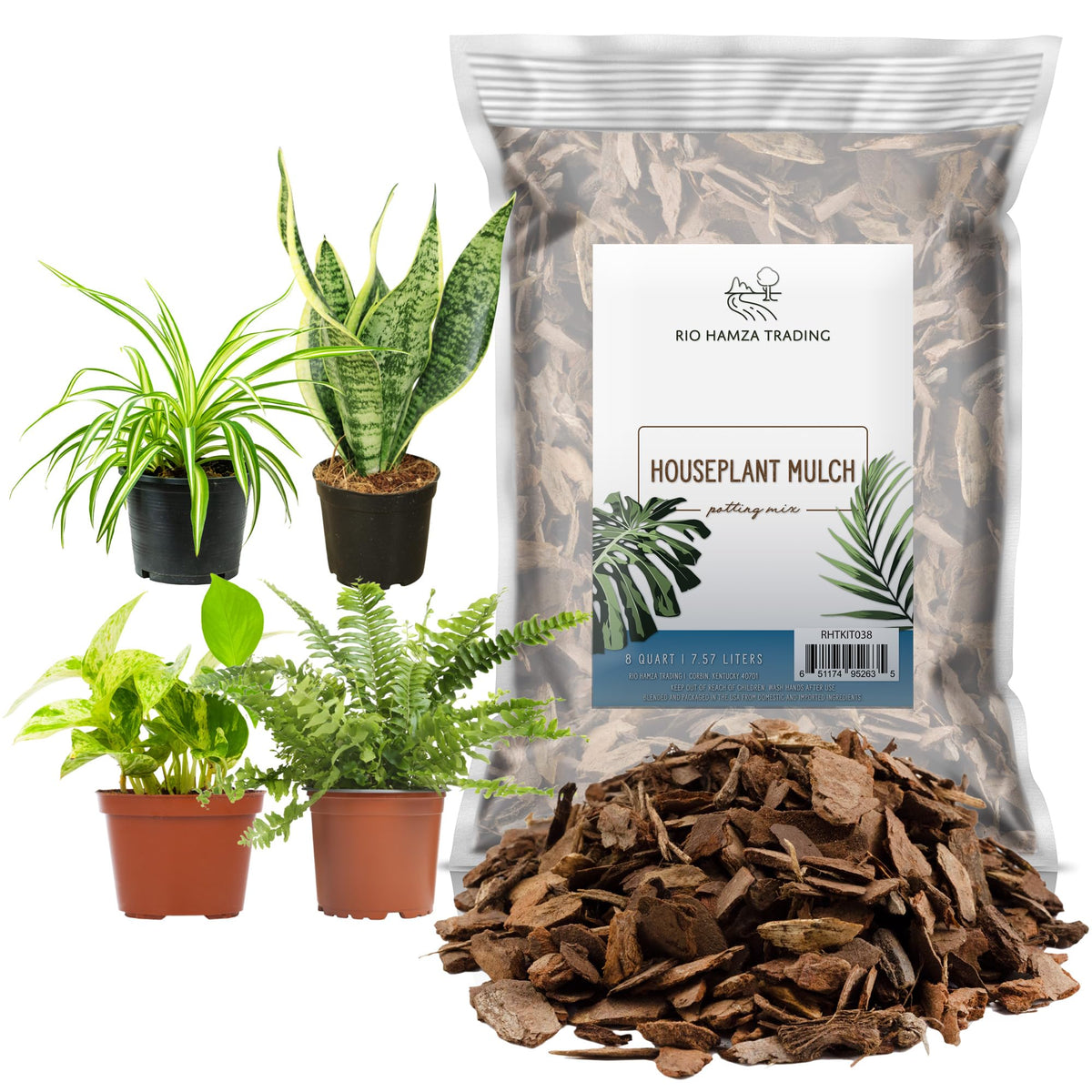 Rio Hamza Houseplant Mulch front view bag showing 8 quarts for visual soil cover