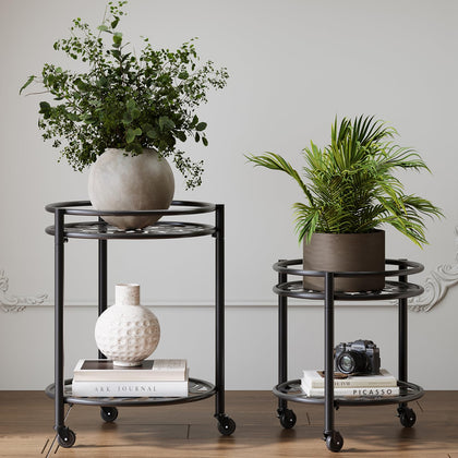 Rioneta 2-tier rolling plant stand front view for easy mobility of heavy pots