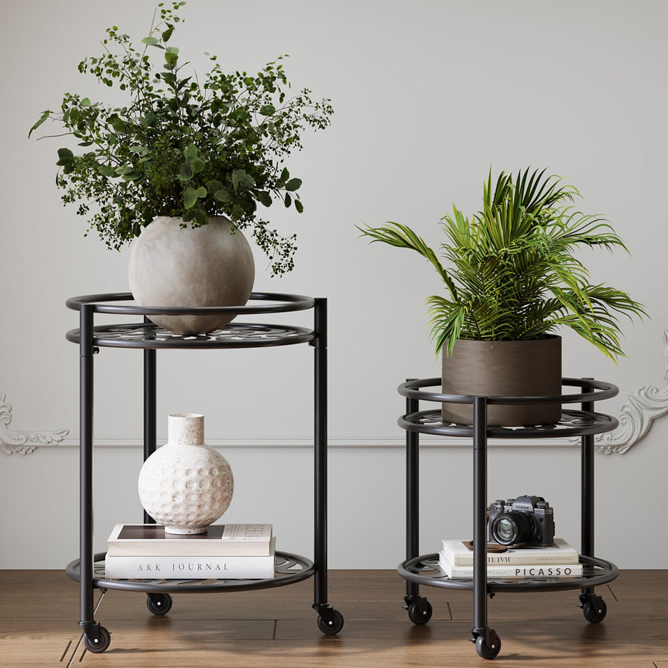Rioneta 2-tier rolling plant stand front view for easy mobility of heavy pots