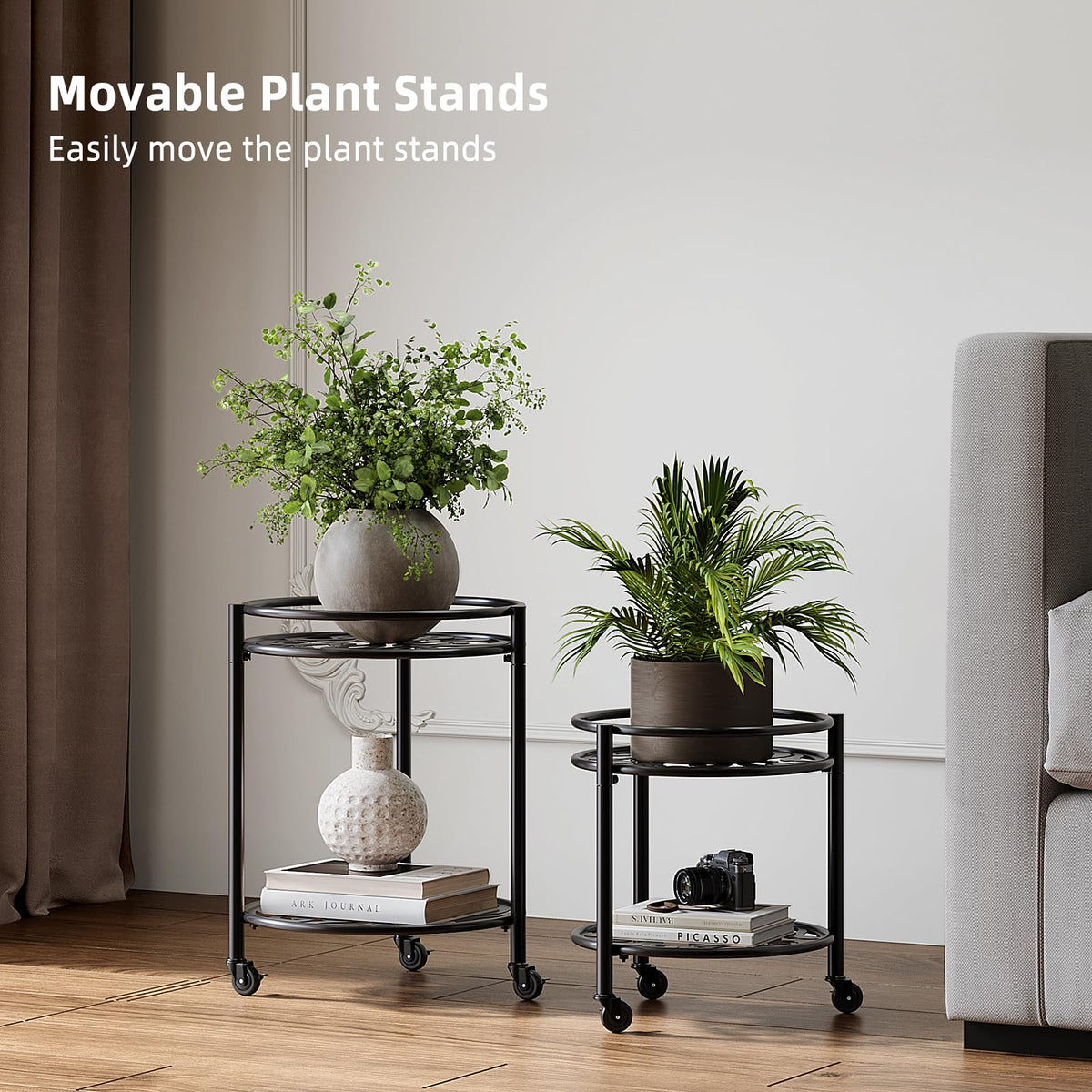 Rioneta 2-tier rolling plant stand with wheel lock showing secure placement