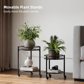 Rioneta 2-tier rolling plant stand with wheel lock showing secure placement