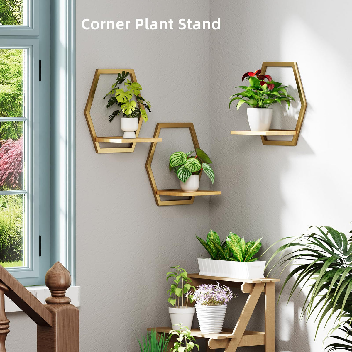 Rioneta entryway wall organization with staggered hexagon shelves