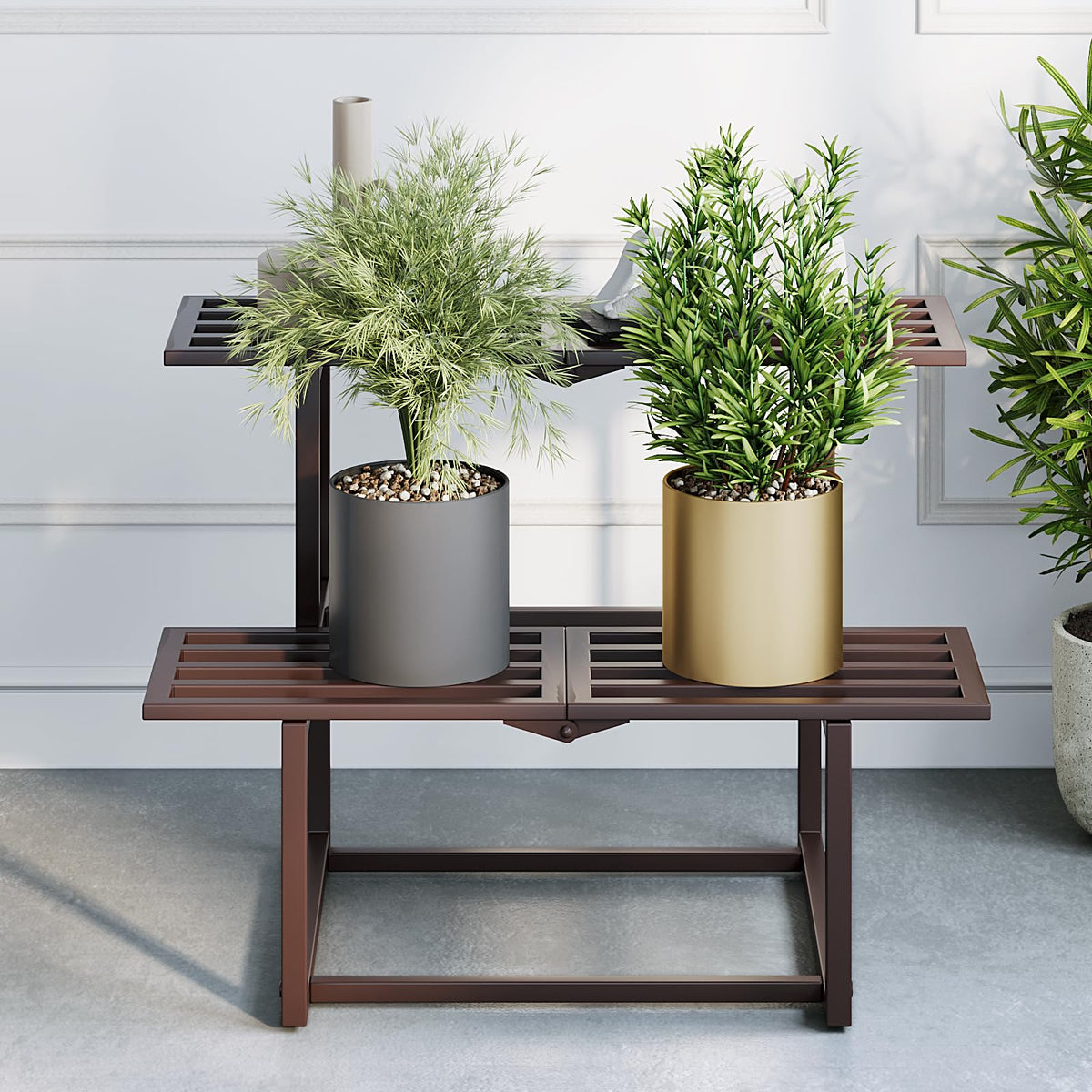 Rioneta foldable plant stand for indoor and outdoor use, space-saving design.