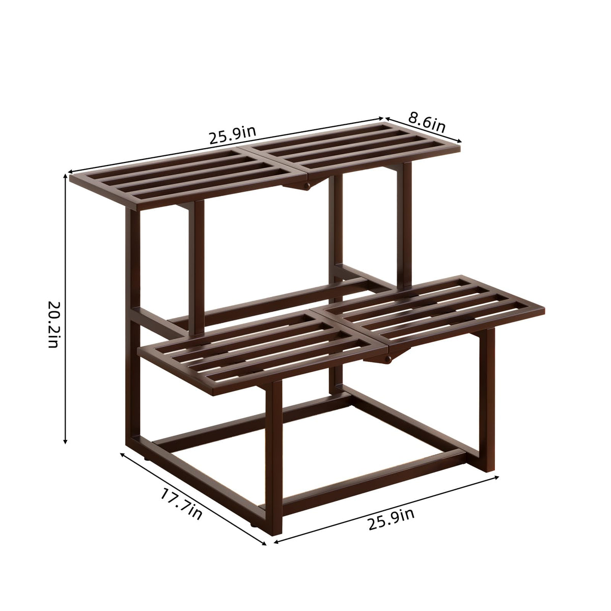 Rioneta mid-century slatted bench complements decor while displaying plants.