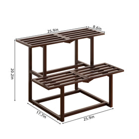 Rioneta mid-century slatted bench complements decor while displaying plants.