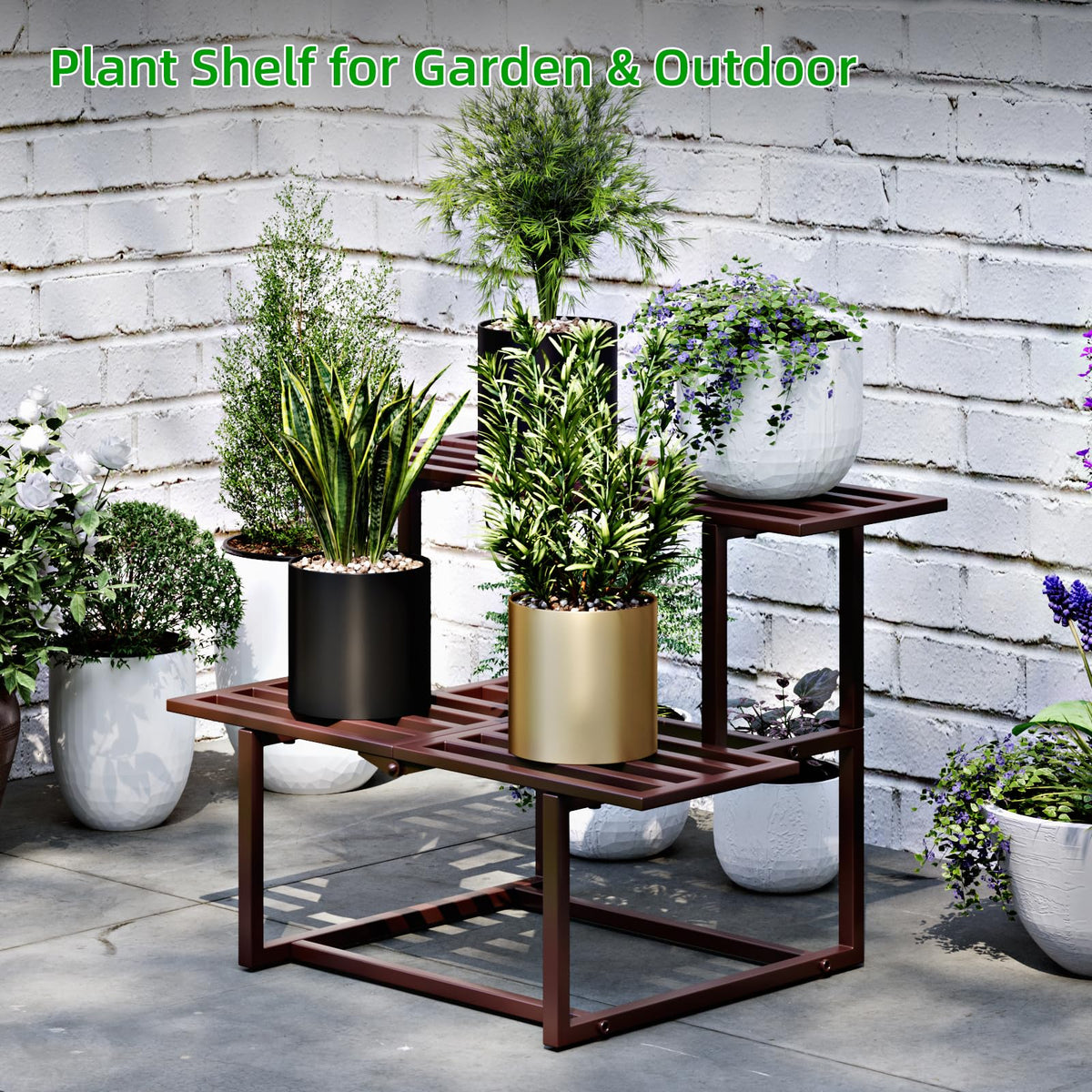 Rioneta two-tier plant shelf highlighting multiple pots vertically.