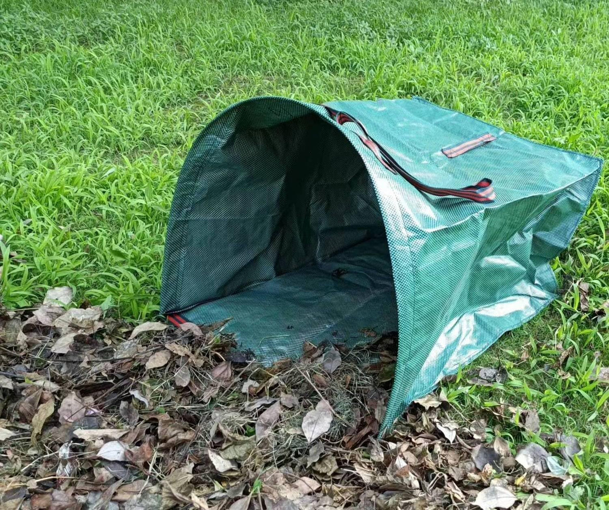RISETEX outdoor trash bag in garden setting for yard waste cleanup.