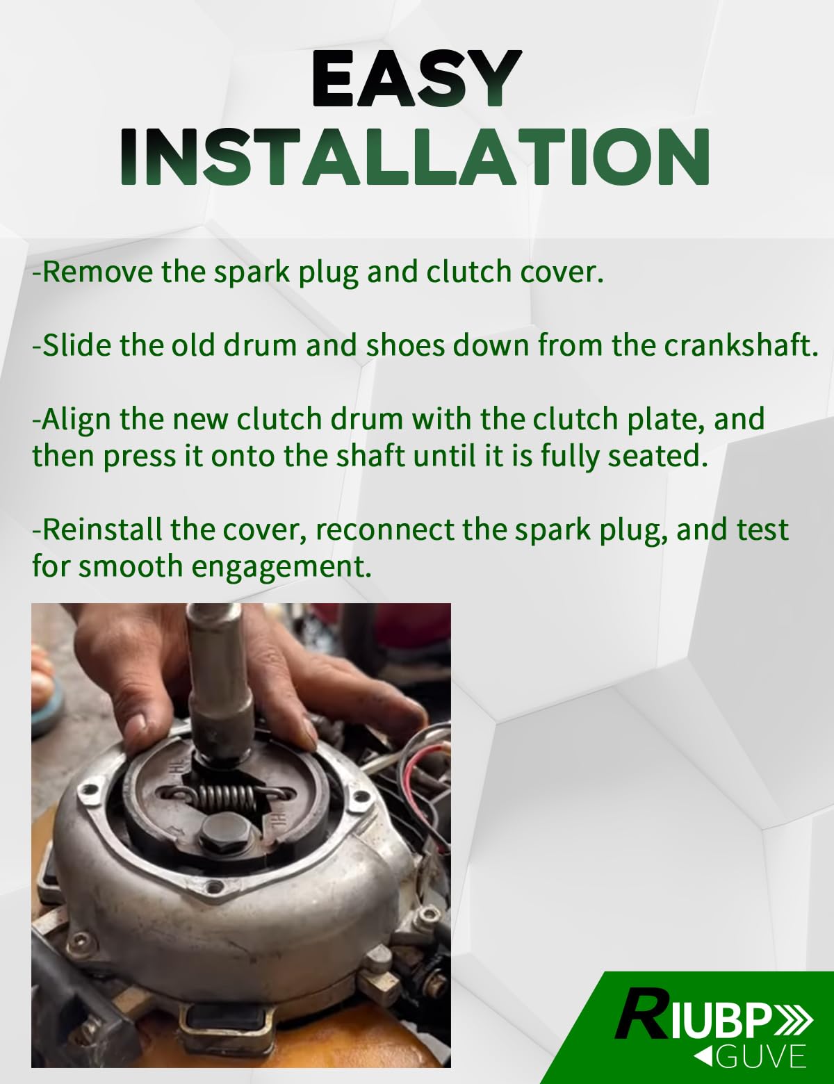 RIUBPGUVE clutch kit detailed label highlighting replacement compatibility and part number.
