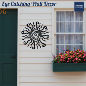 Riverside Designs Wacky Sun mounted on fence or wall for farmhouse flair.