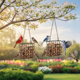 Rivonthex suet feeder holds an 11 oz cake for longer feeding sessions.