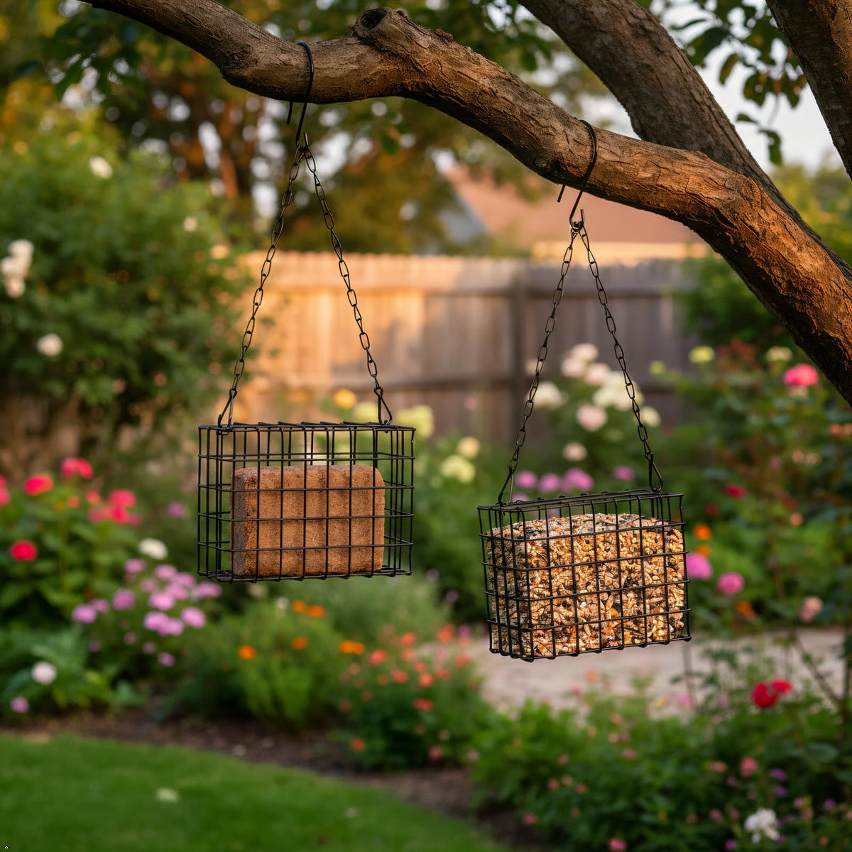 Rivonthex suet feeder top-opening latch enables quick, secure refills.