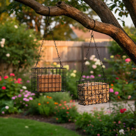 Rivonthex suet feeder top-opening latch enables quick, secure refills.