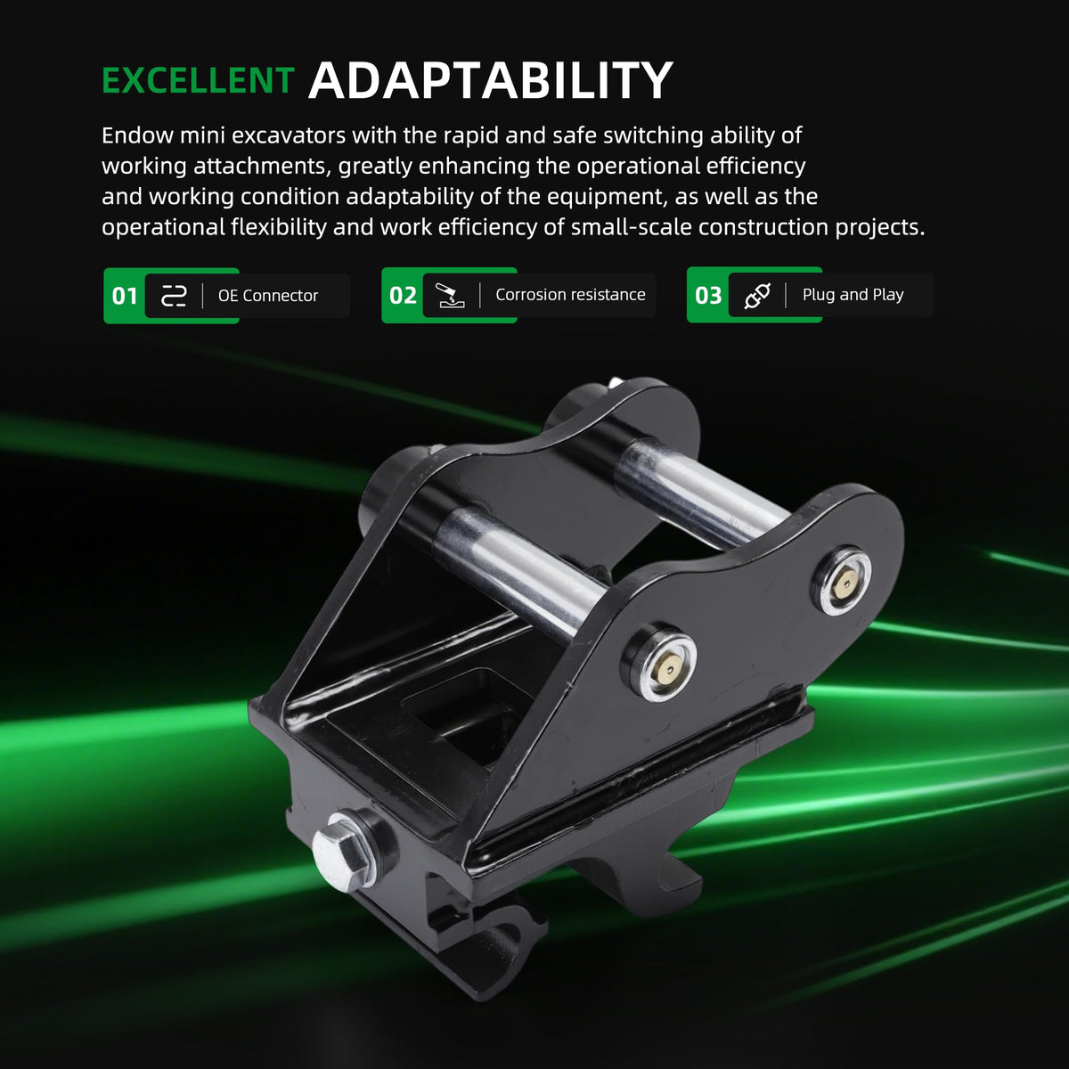 Riyhch quick-coupler for small diggers shows compatibility with 0.8–2 ton machines.
