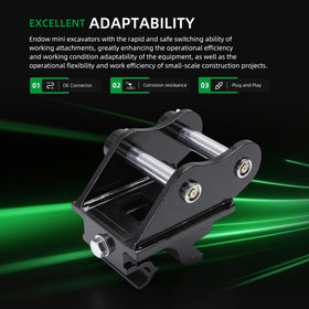 Riyhch quick-coupler for small diggers shows compatibility with 0.8–2 ton machines.