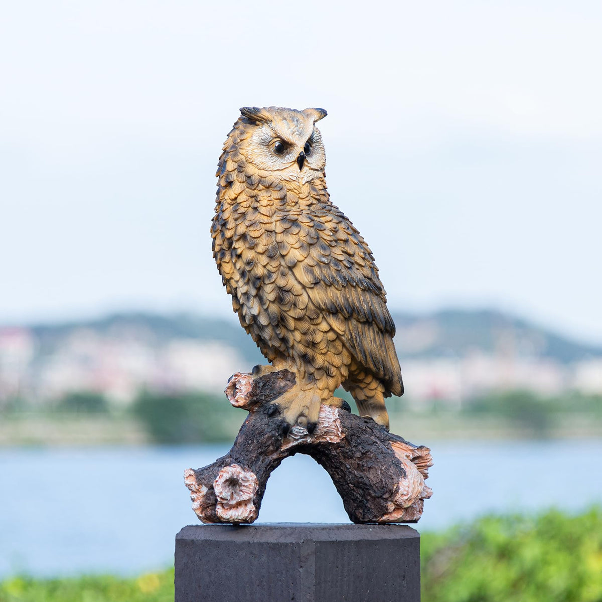 RKGOMDMU resin owl sculpture combines durability with detailed painting.