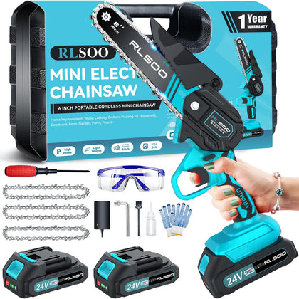 RLSOO Mini Chainsaw in action cutting a 6-inch log for yard tasks
