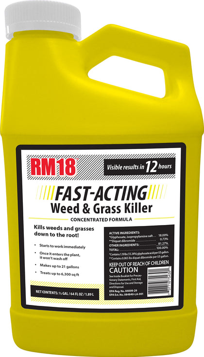 RM18 Fast-Acting Weed Killer bottle ready for rapid lawn weed control.