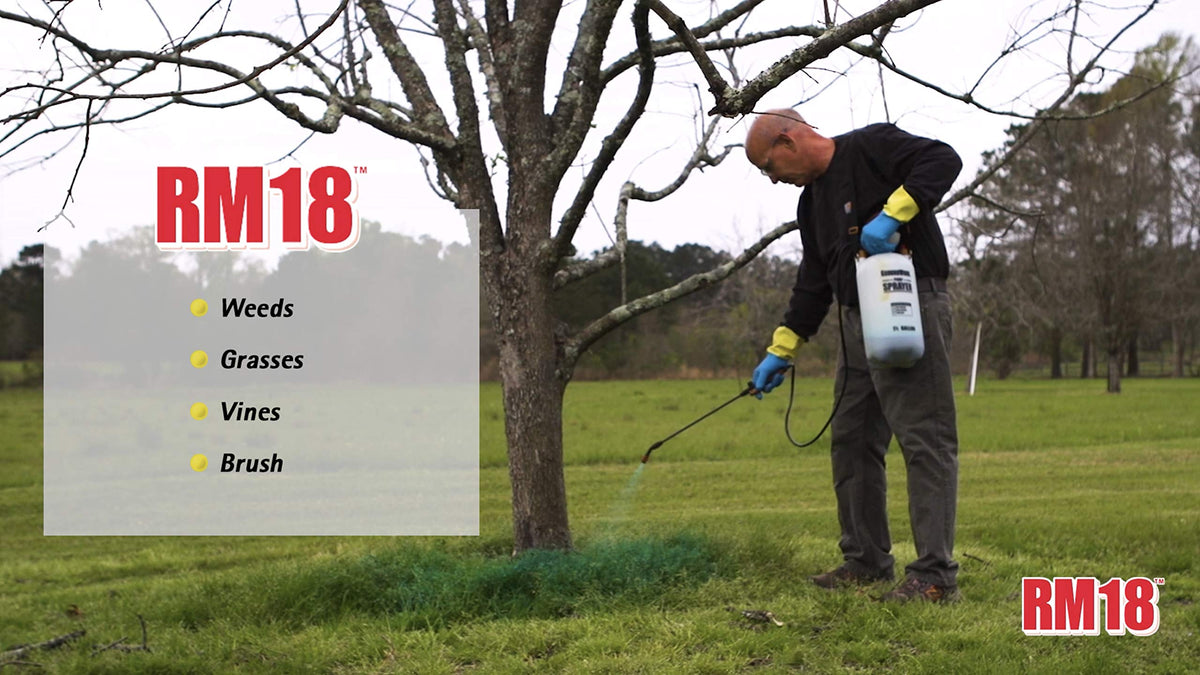 RM18 weed killer applied along lawn edges for targeted treatment.