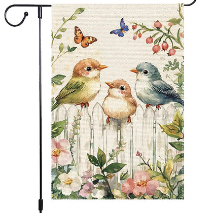 RMXJKIIU Birds on Fence garden flag with birds enhances curb appeal.