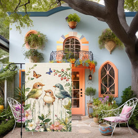 RMXJKIIU Flowers and butterflies on flag add seasonal outdoor color.