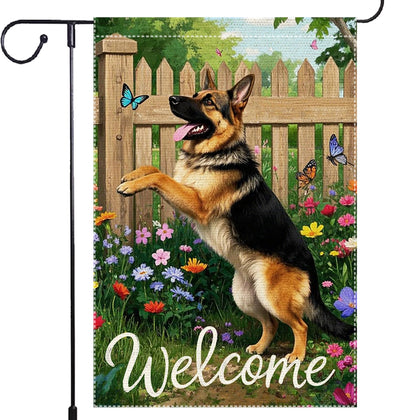 RMXJKIIU garden flag features a German shepherd and blue butterfly for spring decor.