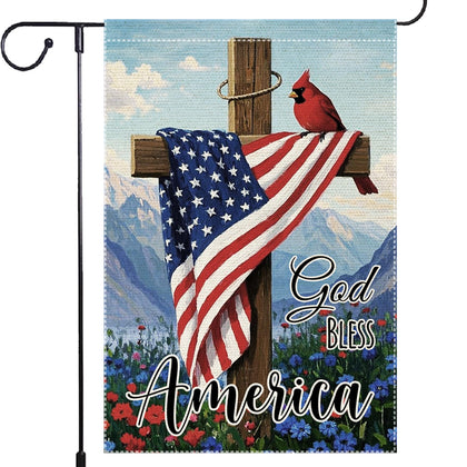RMXJKIIU God Bless America flag with cardinal cross for patriotic yard display.