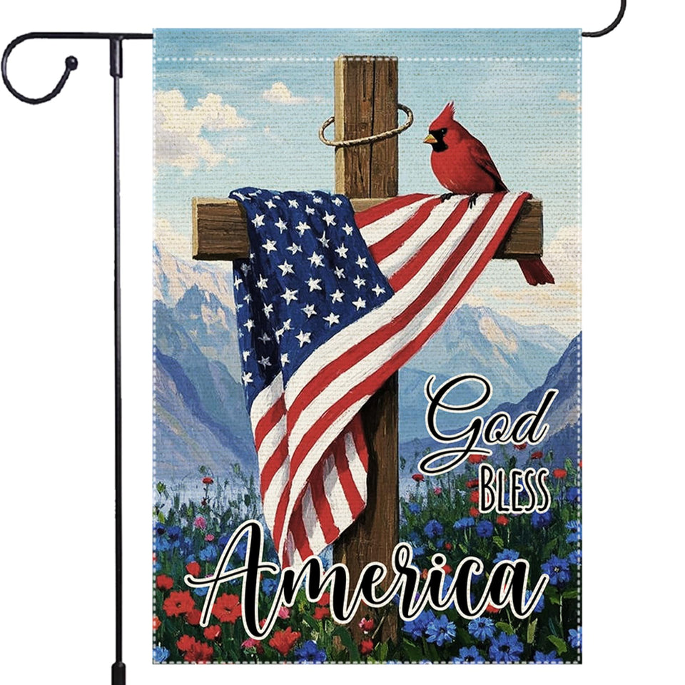 RMXJKIIU God Bless America flag with cardinal cross for patriotic yard display.