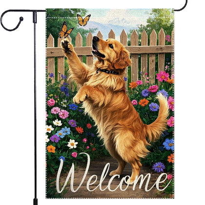RMXJKIIU garden flag with a golden retriever and butterflies for spring outdoor decor
