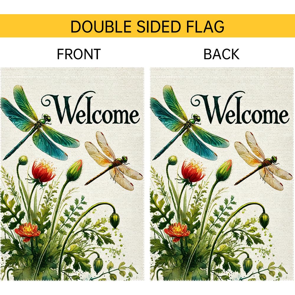 RMXJKIIU Hello Spring flag highlights dragonflies among greenery in the garden.