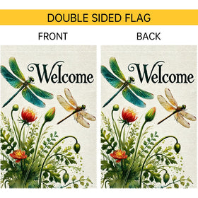 RMXJKIIU Hello Spring flag highlights dragonflies among greenery in the garden.