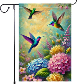 RMXJKIIU Hello Spring hummingbird flag with three vivid birds among blooms for cheerful yard decor.