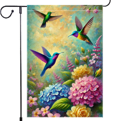 RMXJKIIU Hello Spring hummingbird flag with three vivid birds among blooms for cheerful yard decor.