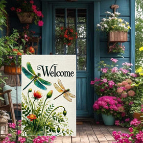 RMXJKIIU Hello Spring flag closeup of red flowers and dragonflies for garden scenes.