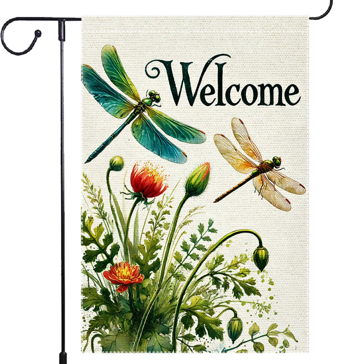 RMXJKIIU Hello Spring flag with tulips and dragonflies, ideal for welcoming guests outdoors.
