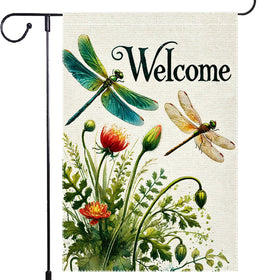 RMXJKIIU Hello Spring flag with tulips and dragonflies, ideal for welcoming guests outdoors.