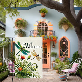 RMXJKIIU Hello Spring flag shows tulips and dragonflies for spring curb appeal.