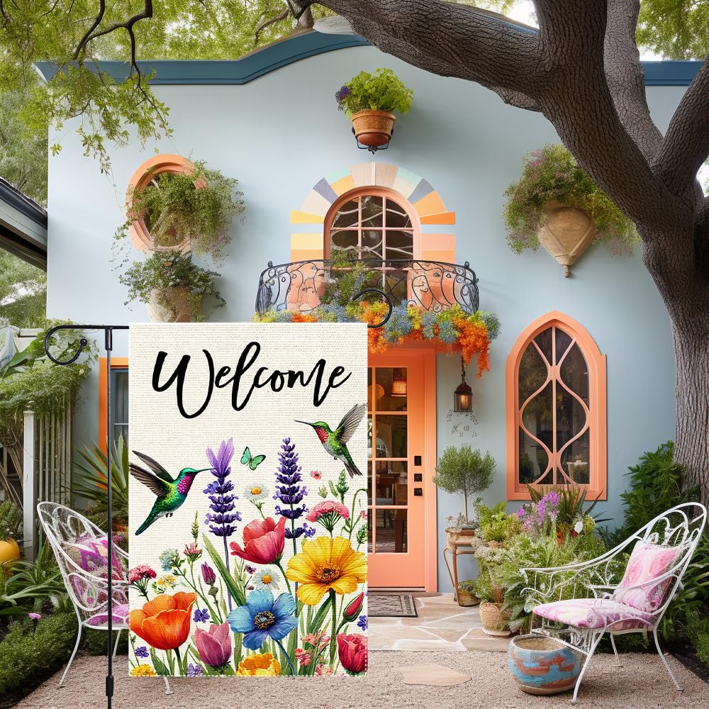 RMXJKIIU hummingbird flag features bright botanicals for outdoor charm.