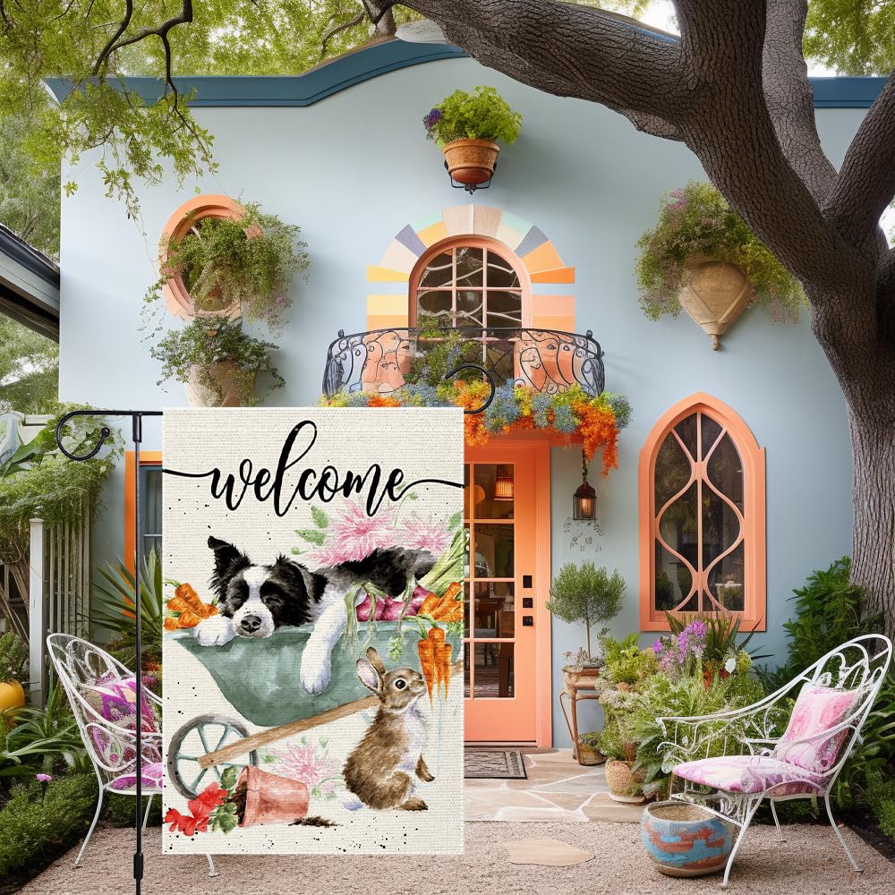 RMXJKIIU Spring garden flag featuring a rabbit and blooms, ideal for seasonal charm.